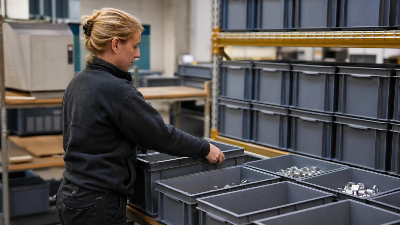 Préparatrice organisant des bacs de pièces dans un entrepôt