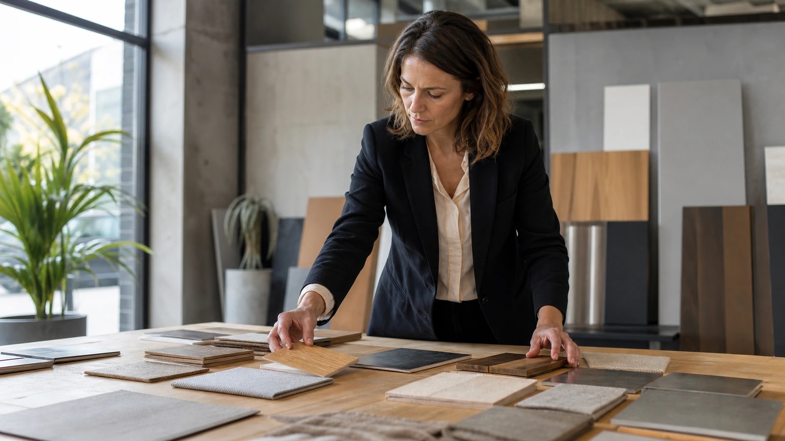 Professionnelle préparant des échantillons de matériaux pour une offre B2B