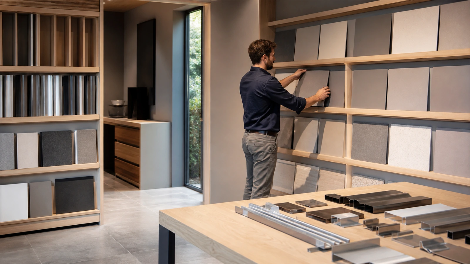 Responsable ajustant les échantillons d’un showroom professionnel