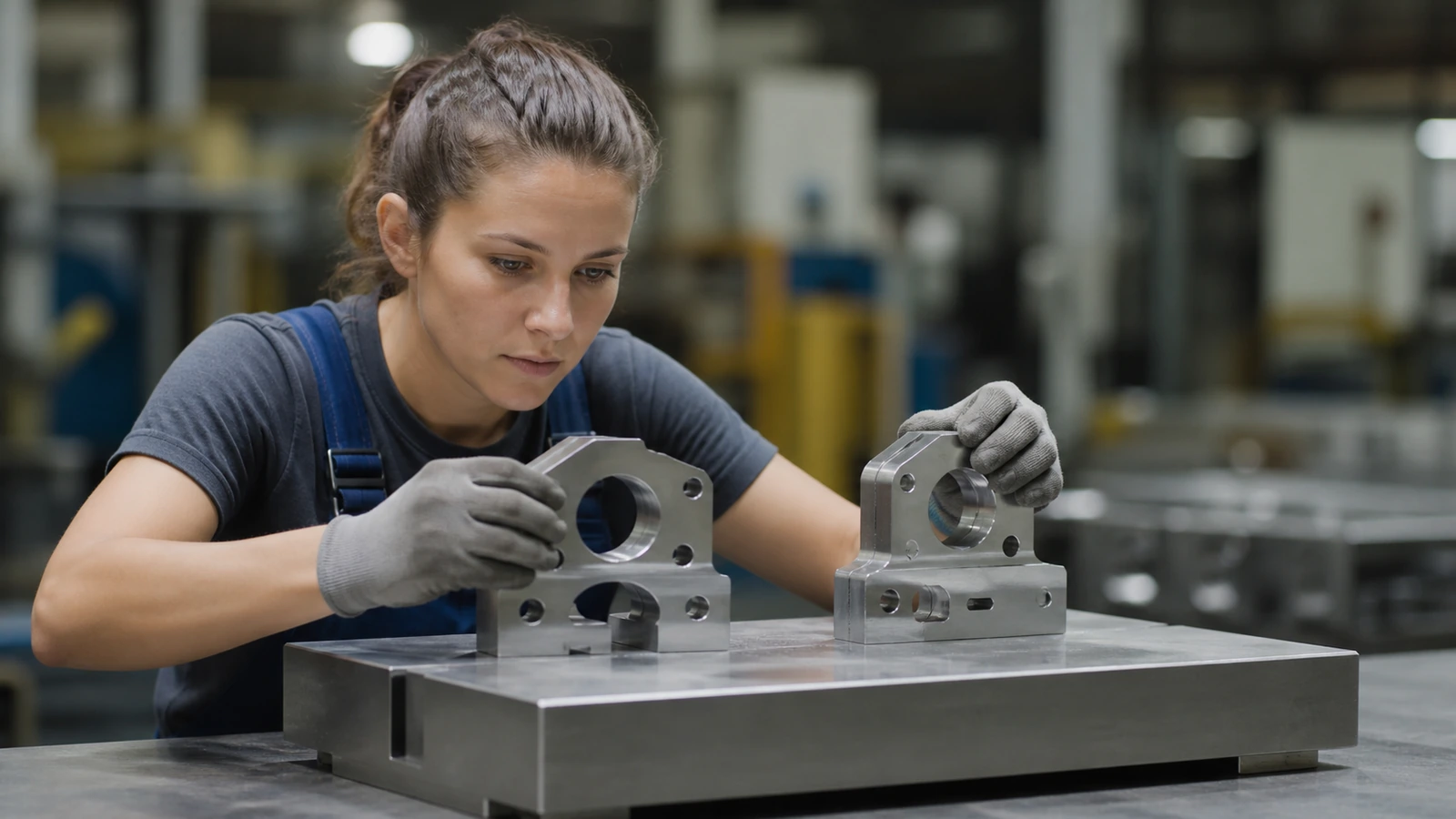 Opératrice contrôlant des pièces métalliques sur un gabarit