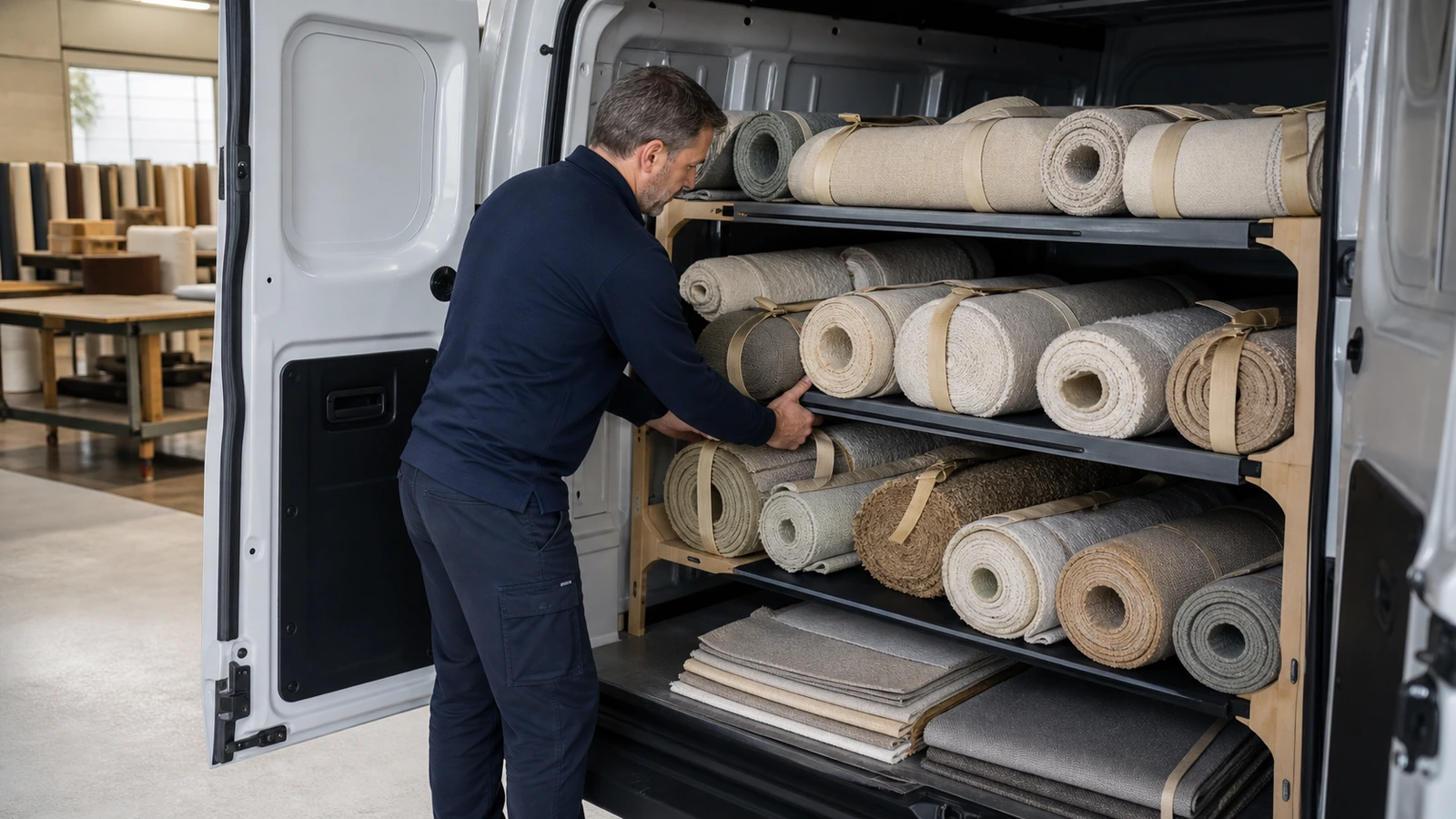 Fournisseur rangeant des rouleaux de textiles unis dans un véhicule professionnel