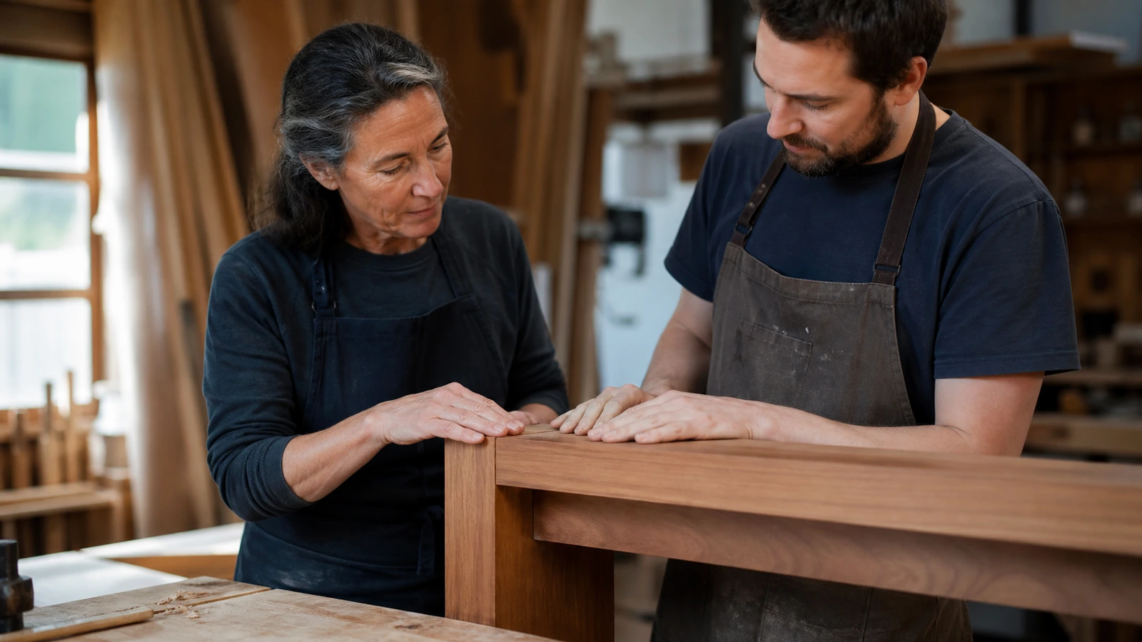 Mentore évaluant un assemblage en bois avec un collègue